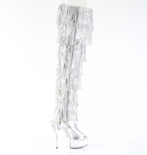 Product image of Pleaser DELIGHT-3017HG-RSF Slv Holo Metallic Pu/Clr 6 Inch Heel 1 3/4 Inch PF 7-Layer Fringe Lace-Up Back Thigh Boot