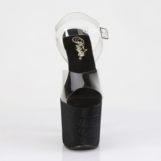 Product image of Pleaser RAZZLE-808WR Clr/Blk Reptile Print 8 Inch Heel 3 1/2 Inch PF Ankle Strap Sandal w/Reptile Print