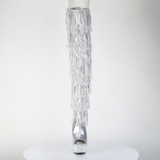 Product image of Pleaser BEJEWELED-3017HG-RSF Slv Holo Metallic Pu/Slv AB RS 6 Inch Heel 1 3/4 Inch PF 7-Layer Fringe Lace-Up Thigh Boot w/RS