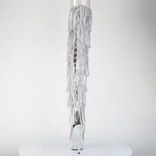 Product image of Pleaser BEJEWELED-3017HG-RSF Slv Holo Metallic Pu/Slv AB RS 6 Inch Heel 1 3/4 Inch PF 7-Layer Fringe Lace-Up Thigh Boot w/RS