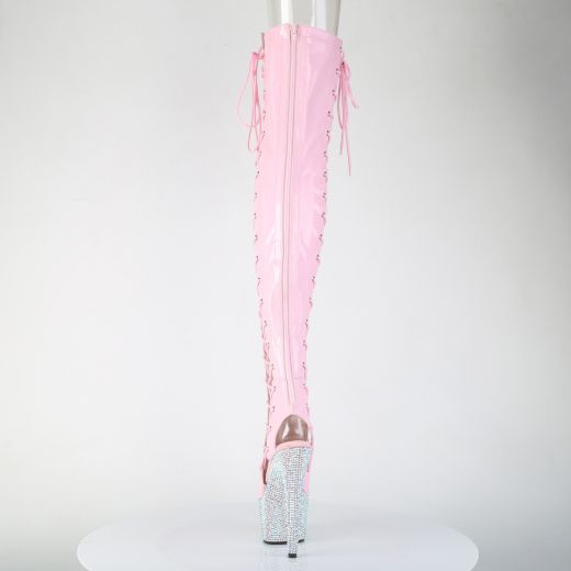 Product image of Pleaser BEJEWELED-3052HG-7 B. Pink Holo Pat/Slv AB RS 7 Inch Heel 2 3/4 Inch PF Open Toe/Back Side Lace Thigh Boot w/RS