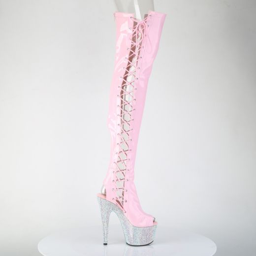 Product image of Pleaser BEJEWELED-3052HG-7 B. Pink Holo Pat/Slv AB RS 7 Inch Heel 2 3/4 Inch PF Open Toe/Back Side Lace Thigh Boot w/RS