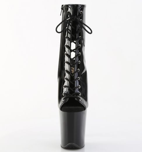 Product image of Pleaser FLAMINGO-1016 Blk Pat/Blk 8 Inch Heel 4 Inch PF Open Toe/Heel Lace-Up Ankle Boot Side Zip