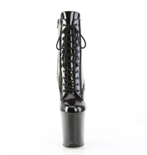 Product image of Pleaser FLAMINGO-1020BLG Blk Pat-Blue Glitter/Blk 8 Inch Heel 4 Inch PF Lace-Up Front Ankle Boot Side Zip