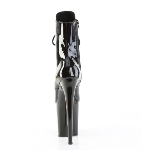 Product image of Pleaser FLAMINGO-1020BLG Blk Pat-Blue Glitter/Blk 8 Inch Heel 4 Inch PF Lace-Up Front Ankle Boot Side Zip