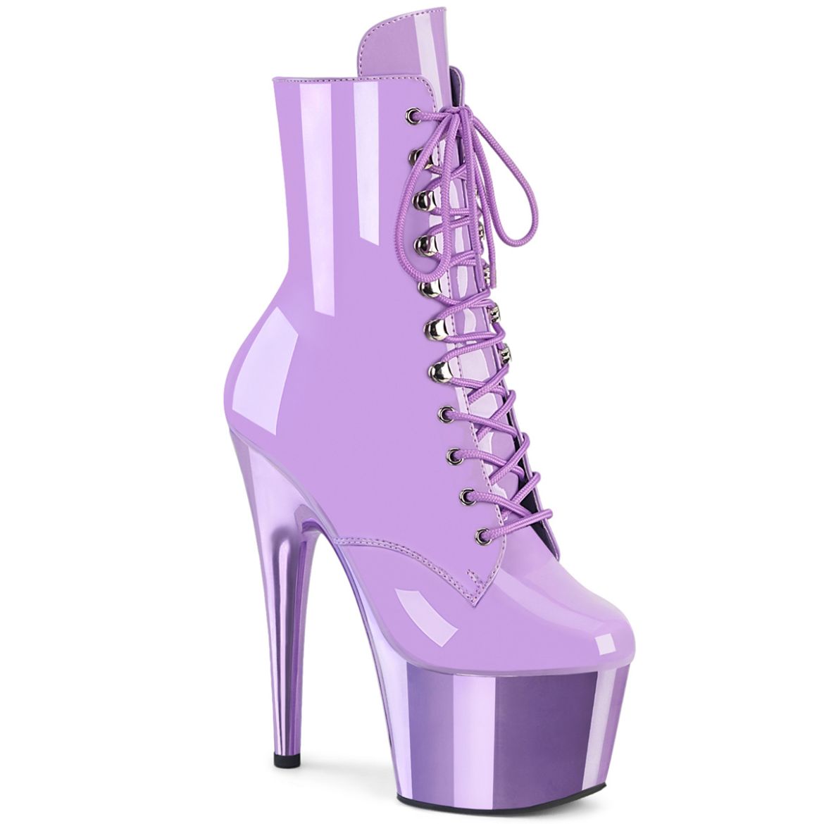 Product image of Pleaser ADORE-1020 Lavender Pat/Lavender Chrome 7 Inch Heel 2 3/4 Inch PF Lace-Up Front Ankle Boot Side Zip