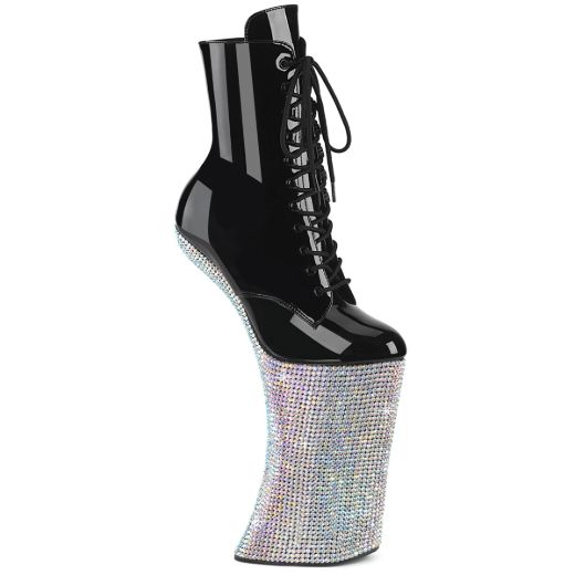 Product image of Pleaser FORBIDDEN-1020BEJ Blk Pat/Slv AB RS 11 Inch Heelless 6 1/4 Inch PF Lace-Up Ankle Boot w/RS Side Zip