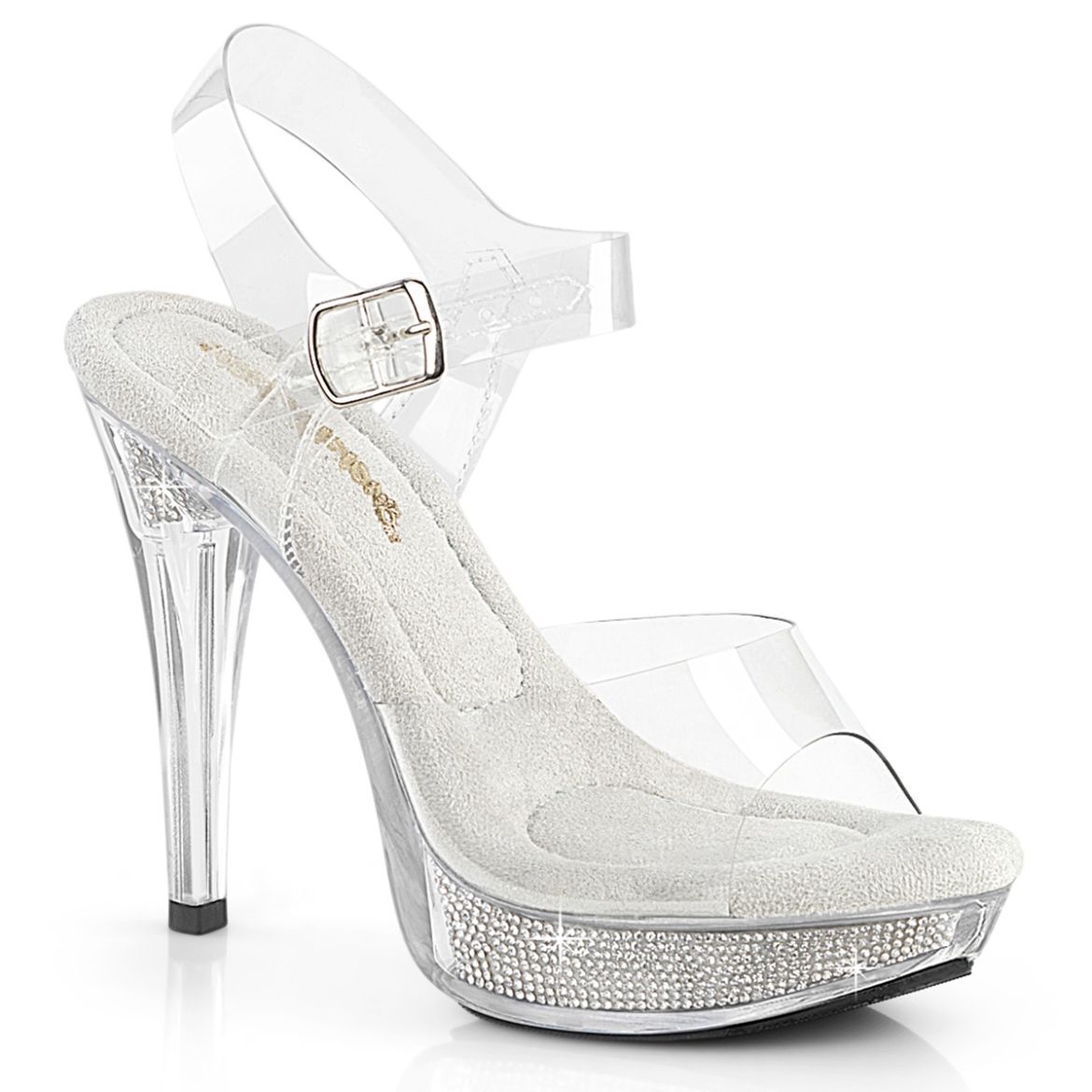 Product image of Fabulicious COCKTAIL-508SRSI Clr/Clr-Slv RS 5 Inch Heel 1 Inch PF Ankle Strap Sandal w/RS Inserts