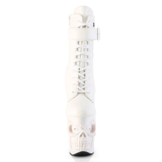 Product image of Pleaser RAPTURE-1020STR-LT Wht Faux Leather/Wht Matte 8 Inch Finger Bone Heel 4 Inch Skull PF LED Ankle Boot Side Zip