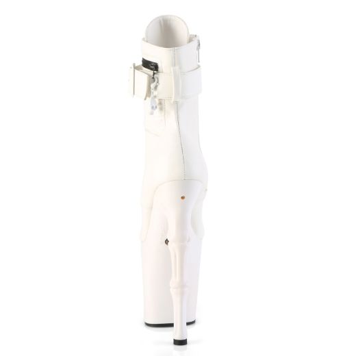 Product image of Pleaser RAPTURE-1020STR-LT Wht Faux Leather/Wht Matte 8 Inch Finger Bone Heel 4 Inch Skull PF LED Ankle Boot Side Zip