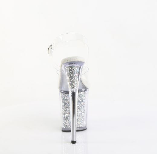 Product image of Pleaser FLAMINGO-808PREM-RSI Clr/Clr-Slv AB RS 8 Inch Heel 4 Inch PF Ankle Strap Sandal w/RS Inserts