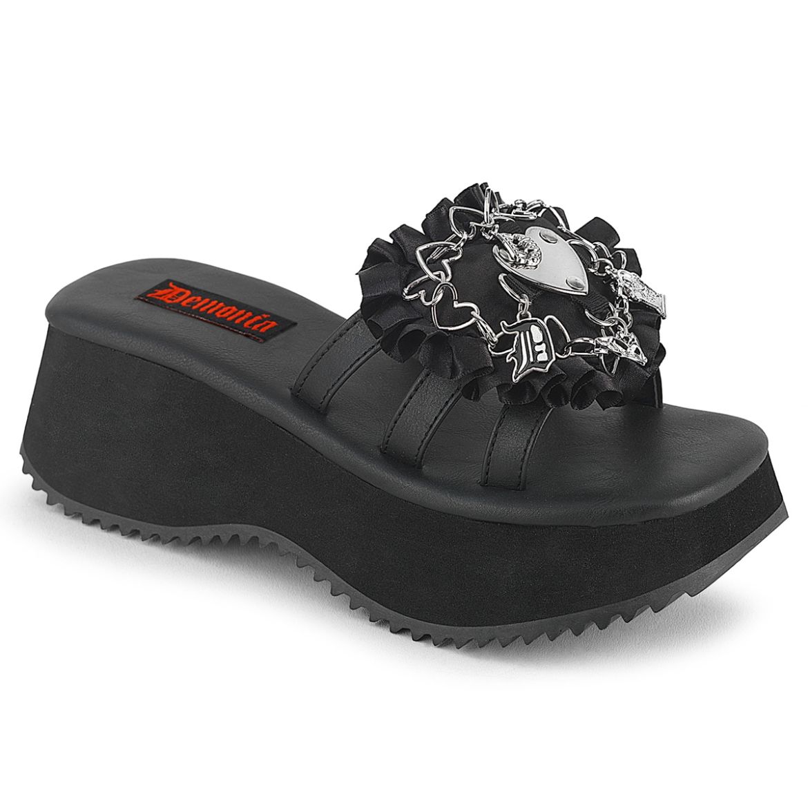 Product image of Demoniacult FLIP-16 Blk Vegan Leather-Satin 2 1/2 Inch PF Triple Band Slide Sandal