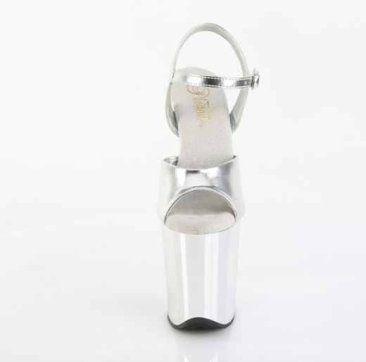 Product image of Pleaser FLAMINGO-809 Slv Metallic Pu/Slv Chrome 8 Inch Heel 4 Inch PF Ankle Strap Sandal