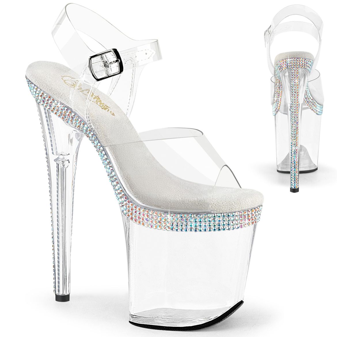 Product image of Pleaser FLAMINGO-808MLS Clr/Clr 8 Inch Heel 4 Inch PF Ankle Strap Sandal w/ RS Lines