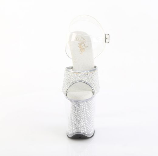 Product image of Pleaser FLAMINGO-808PREM-RSN Clr TPU-Slv RS/Slv SRS 8 Inch Heel 4 Inch PF Rhinestone Net Ankle Strap Sandal