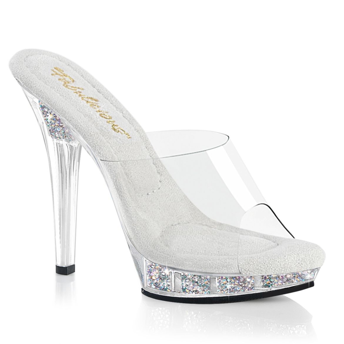 Product image of Fabulicious LIP-101RSI Clr/Clr-Slv AB RS 5 Inch Heel 3/4 Inch PF Slide w/ RS Inserts